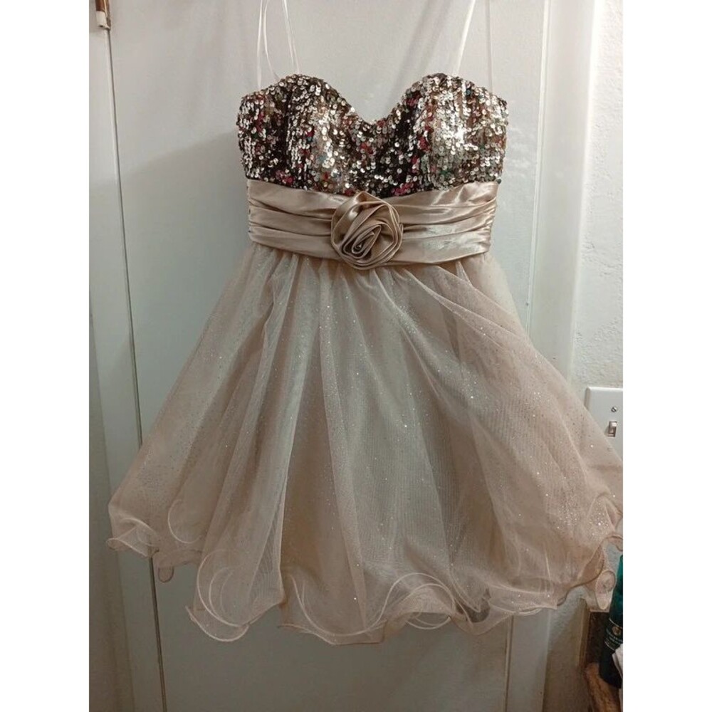 Deb champagne (gold) colored strapless dress with sequins- size 7 Juniors